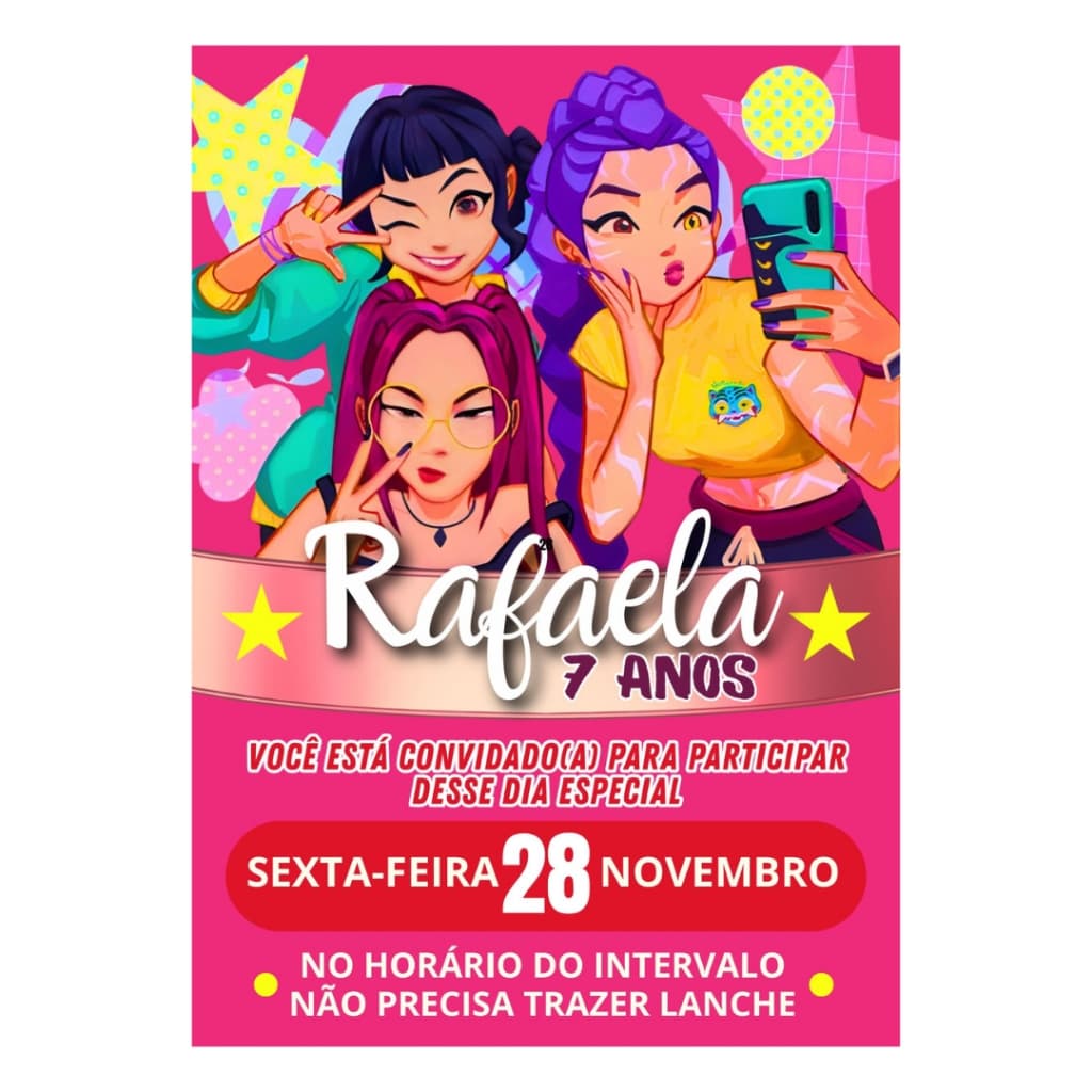 Convite ADESIVO para Agenda Escolar Guerreiras KPOP HUNTRIX - 9x6cm Papel Fotográfico 130m/g