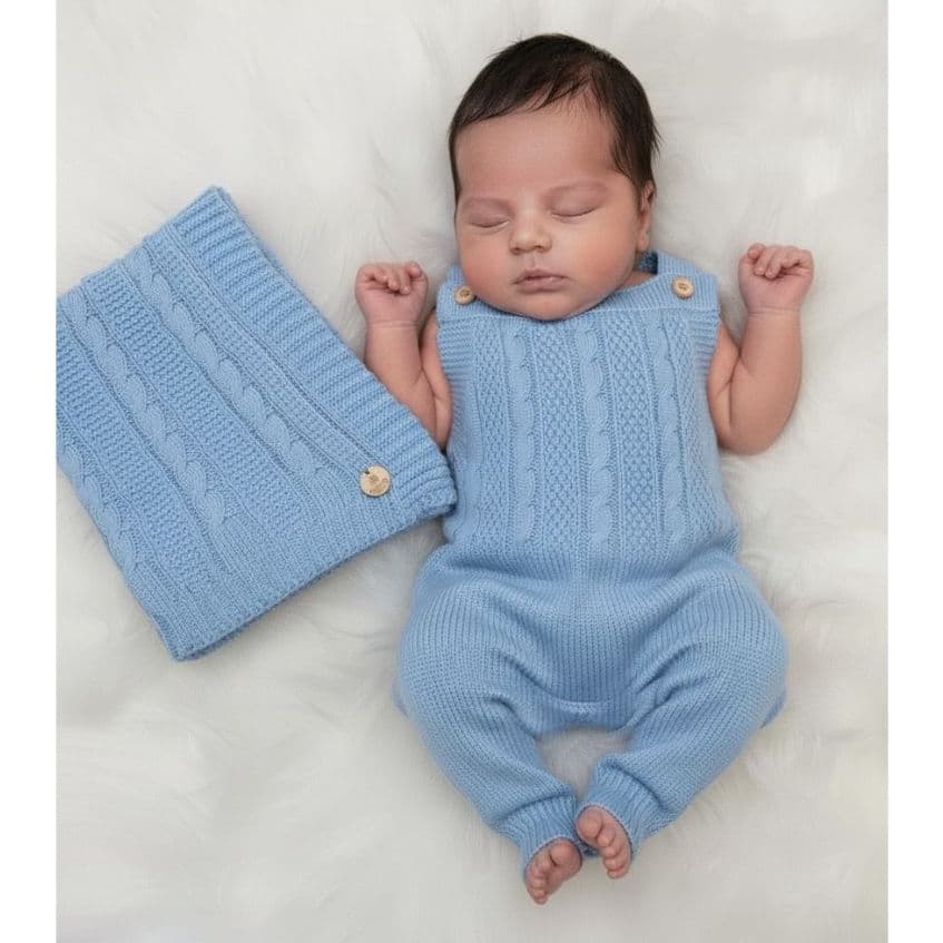 Kit Manta Jardineira Trança Tricot Bebê RN Saída de Maternidade Cobertor Macacão Infantil