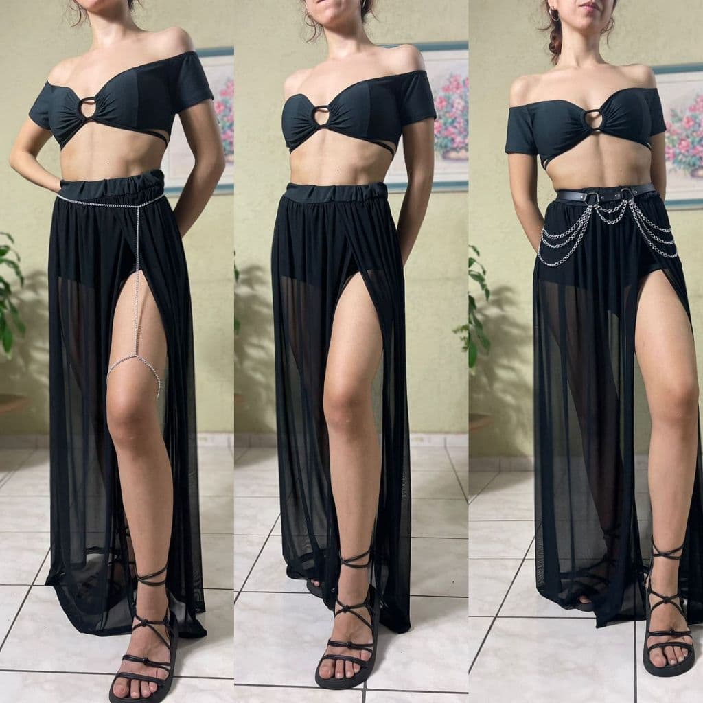 saia tule com fenda+ short micro hot pants + cinto corrente saia transparente