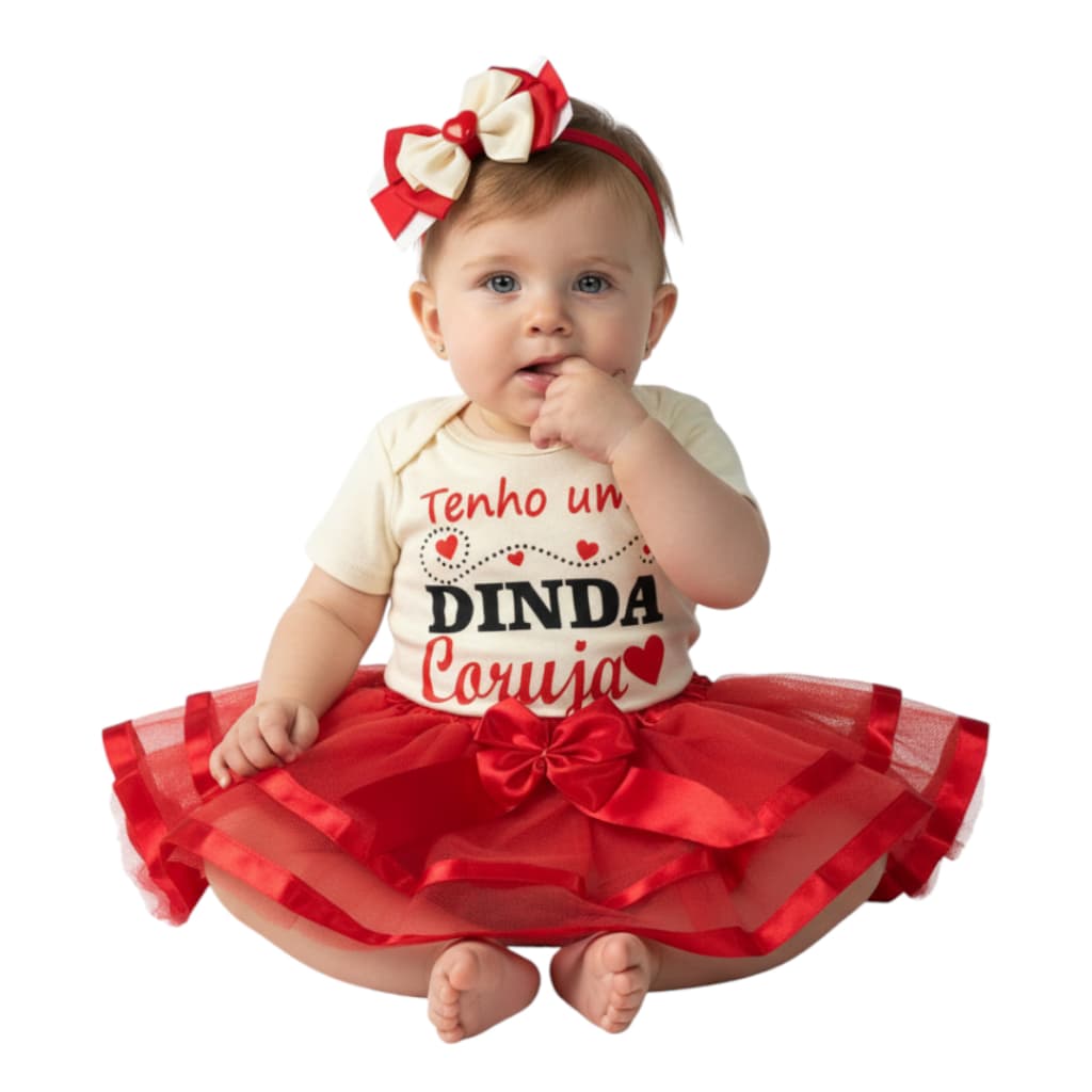 Body Bebe Menina -Frases- Dinda Coruja + Laço + Saia Tule - Temático Mesversário