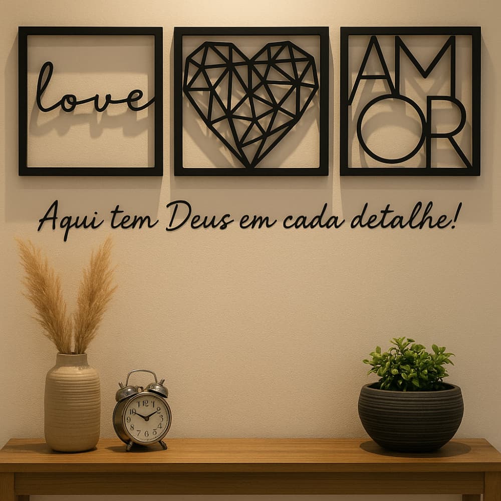 Kit com 3 Quadros Decorativos + Frase Decorativa Aqui tem Deus em Cada Detalhe
