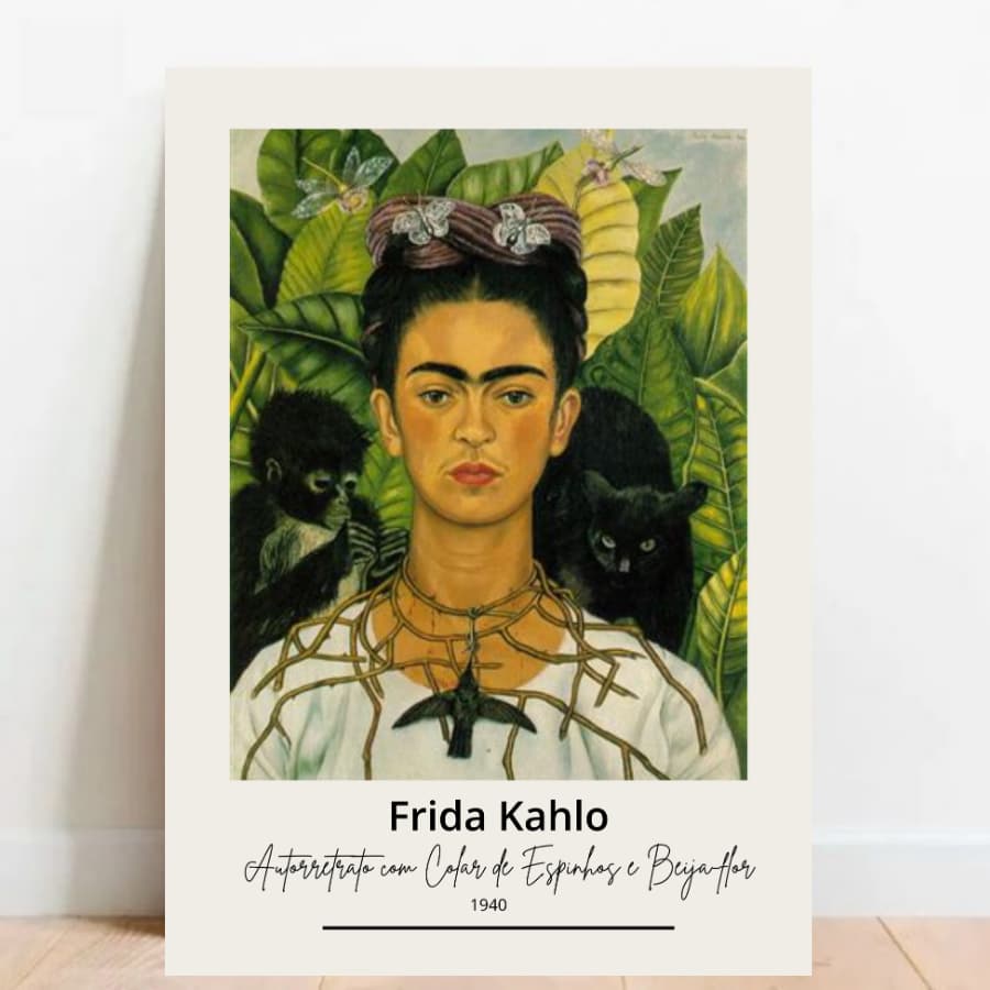 Quadro Placas Decorativas grandes artistas Frida Kahlo - Autorretrato Colar Espinhos e Beija-flor
