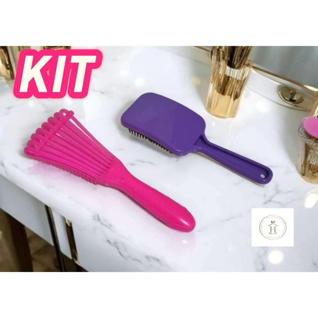 Kit Pente Polvo Cabelo Cacheado Definição, AntiFrizz e Escova de Cabelo Raquete Flex Desembaraçadora