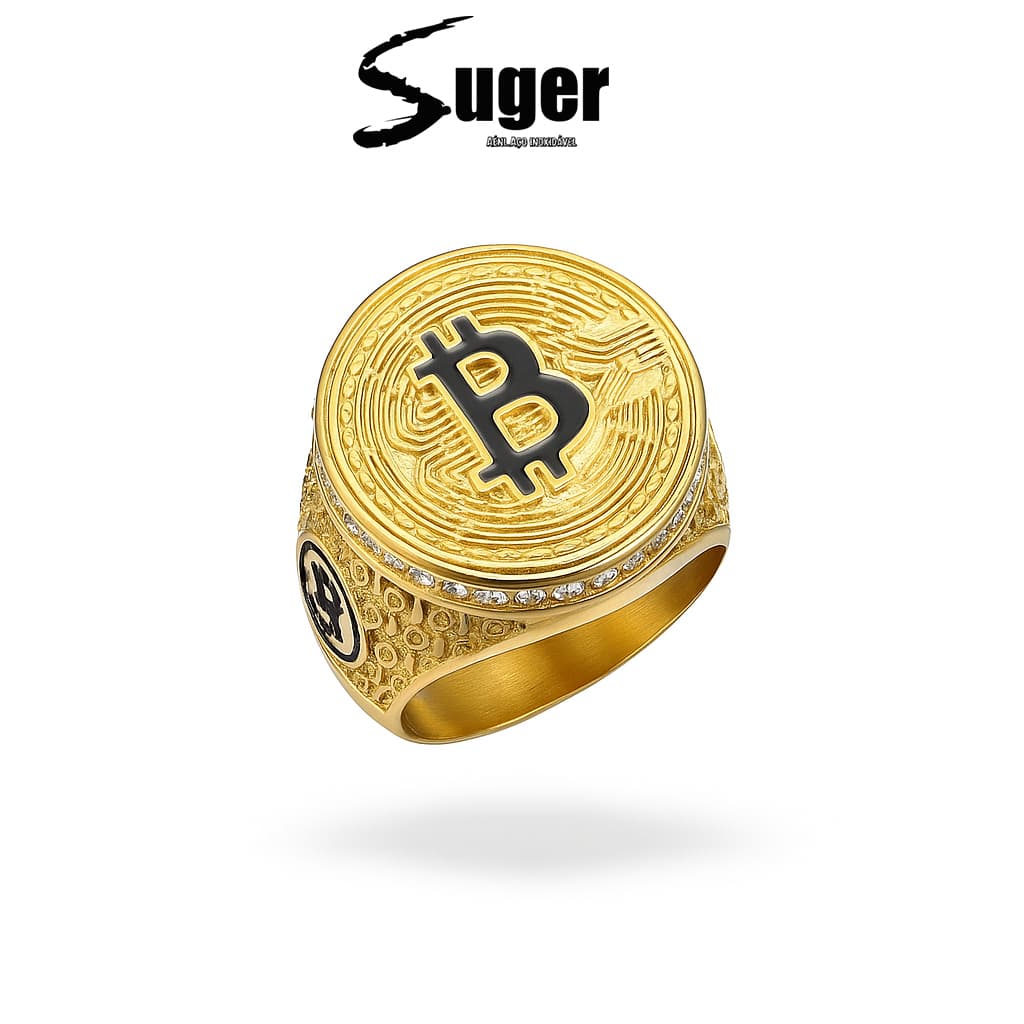 Anel Masculino Bitcoin em Aço Inoxidável 316L Dourado Design Luxuoso, Não Desbota, Presente Estiloso