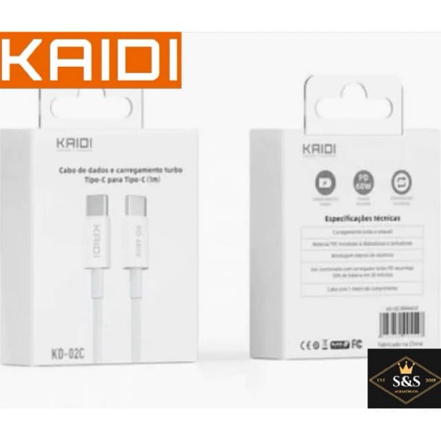 Cabo PD 60W Turbo Tipo C / Tipo C, KD-02C Kaidi Brasil 100% Original