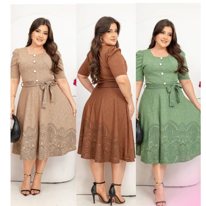 Vestido Midi Evangelico em Jaquar Estampa Barrada con Cinto e Botões fake Moda Femenina Juliana