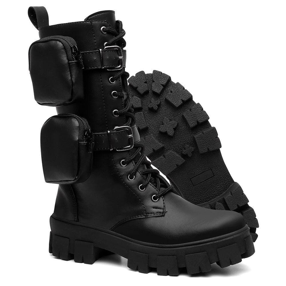 Coturno Feminino Bota Tratorada Com Bag Removivel Fivela Rock Robusta