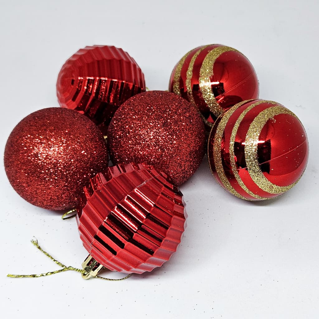 Kit Bolas De Natal Enfeite Médio 6cm Vermelho Dourado Fosca Brilhante Glitter Desenho 6 Unid