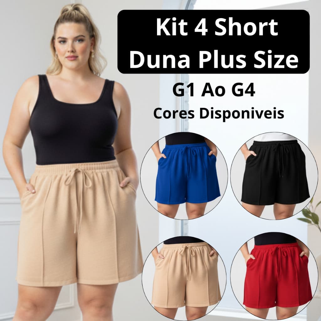 Kit 4 Short Feminino Duna Plus Size Soltinho Verão Cintura Alta Cós Elástico Bolso G1,G2,G3,G4
