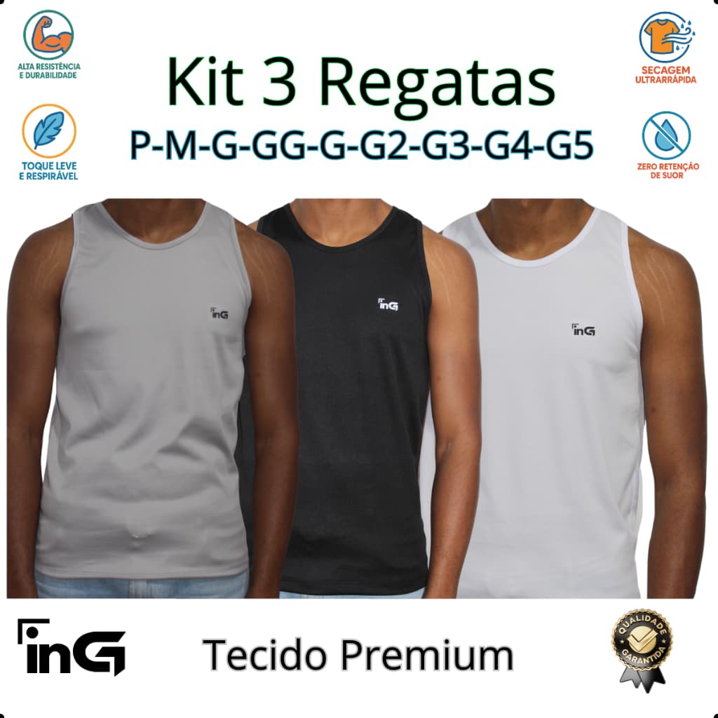 Kit com 3 Peças! P ao G5 Regata Masculina Dry Fit inG | Super Leve, Seca Rápido e Valoriza o Shape