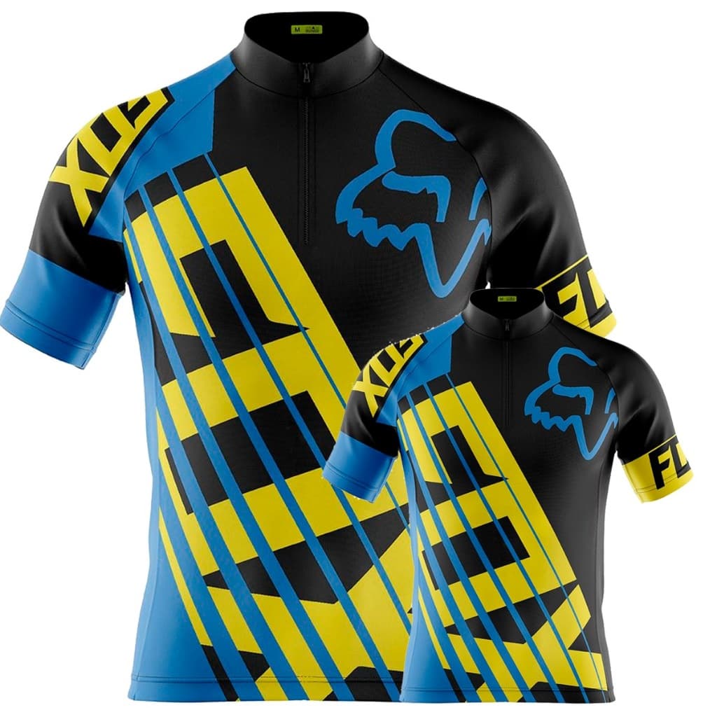 Conjunto Camisa Fox Azul Ciclismo Pai E Filho Mtb Dry Fit Bike Uv Manga Curta