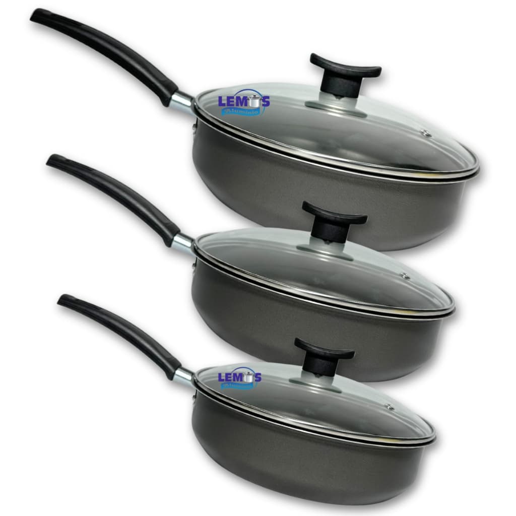 Jogo Conjunto de Frigideiras Antiaderente Com Tampa de Vidro 3 Peças N18 20 22 Teflon Preto