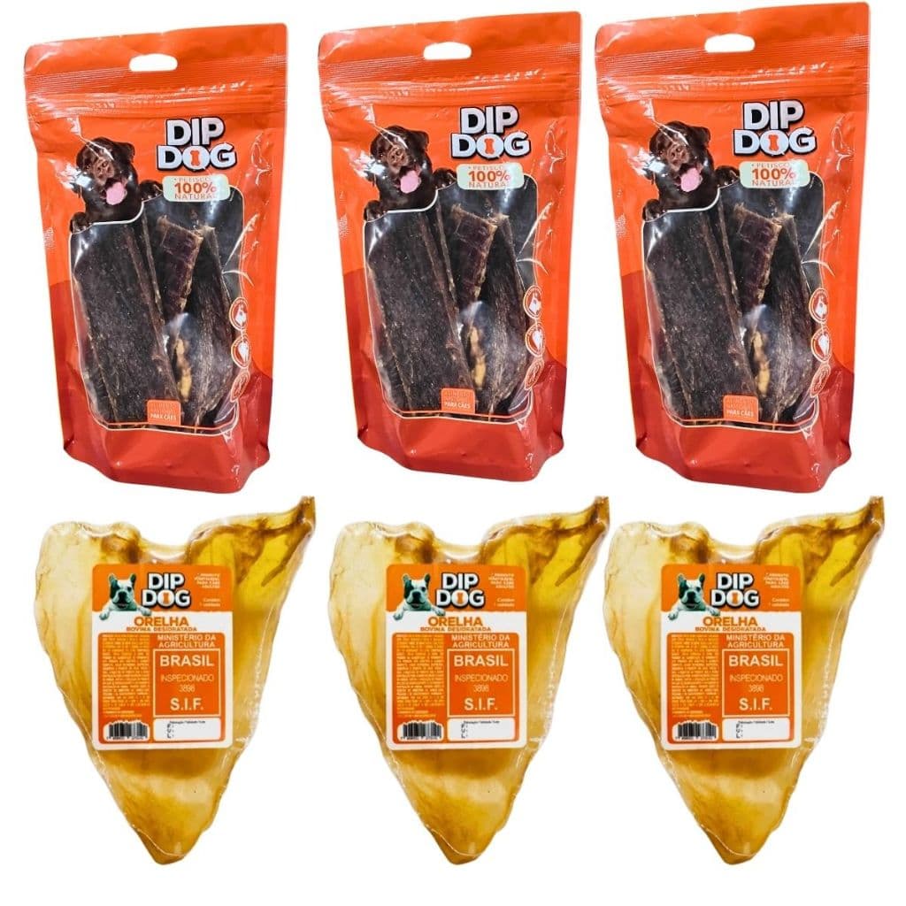 Kit 3 Orelha Bovina Desidratada 3 Pacote  Petisco Esofago Dip Dog mordedor pet cães