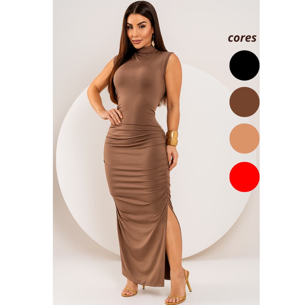 Vestido Longo Fenda Lateral Justo Assimetrico Suplex Moda Feminina Elegante