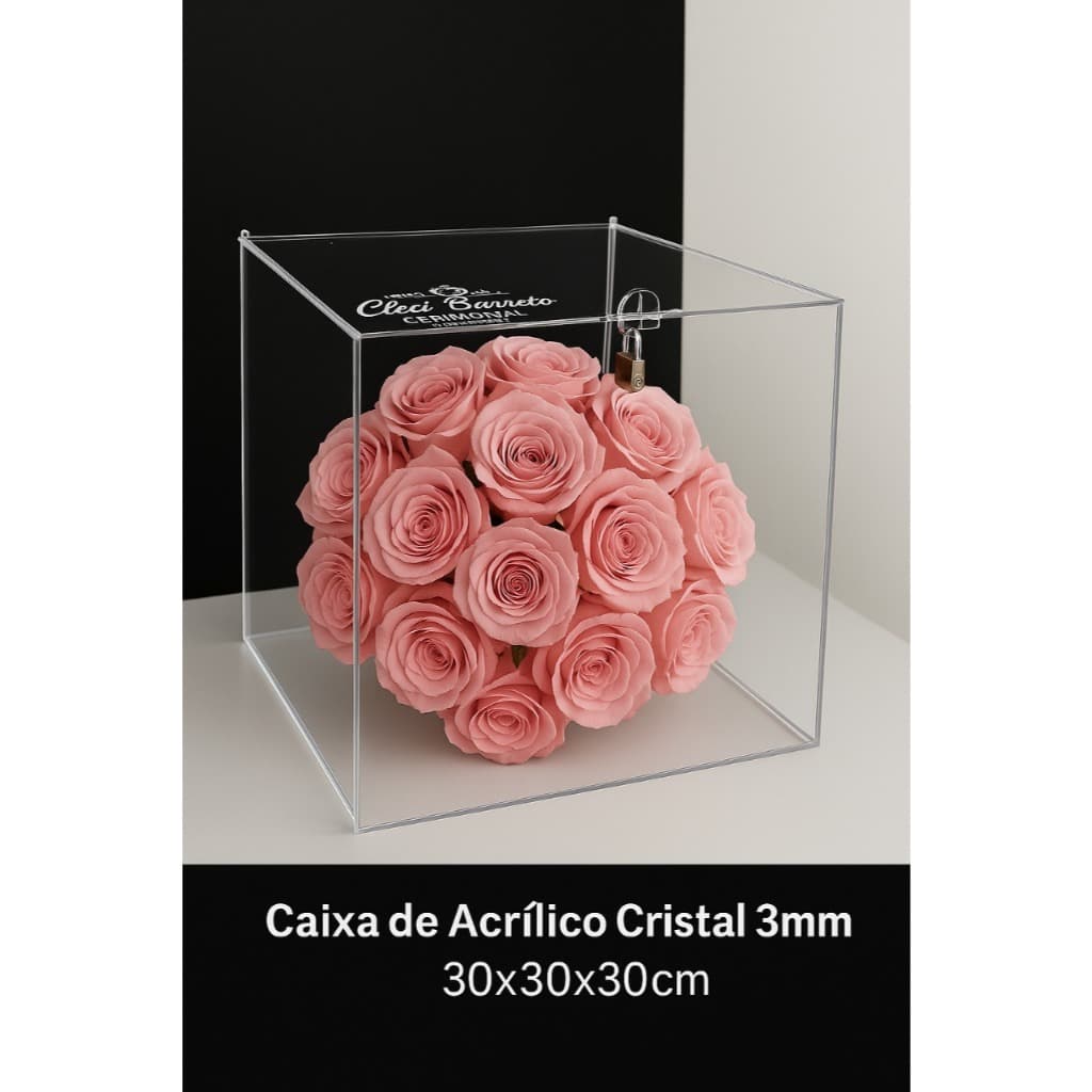 Caixa de Acrílico 30x30x30cm para Guardar e Expor Buquê de Noiva