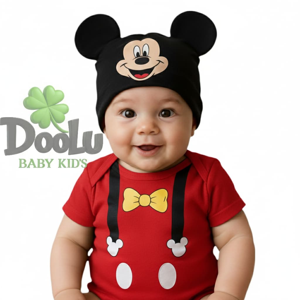 Body de Bebê Mickey + Touca / Bore Mêsversario Temático / Suspensório vermelho
