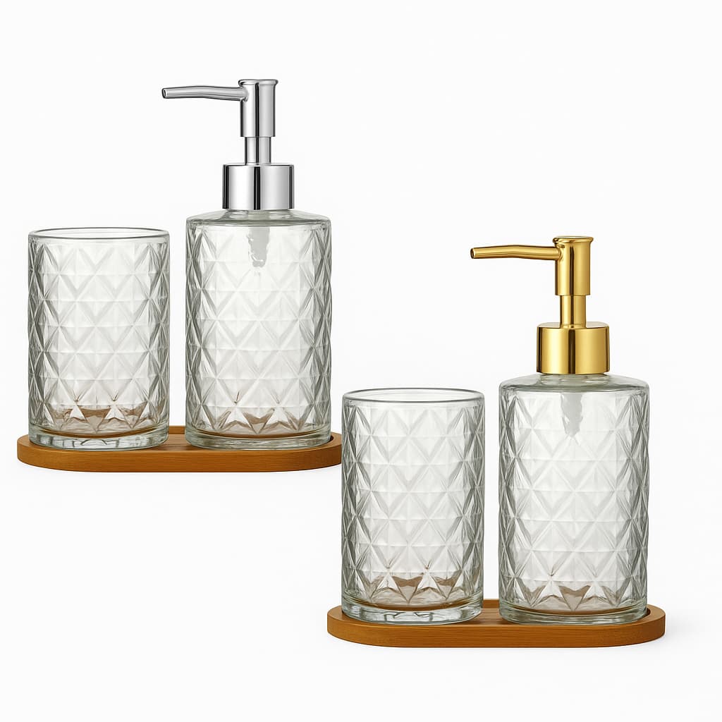 Kit Banheiro 3 Peças Vidro Moderno com Suporte de Bambu – Dispenser  + Copo – Prata ou Dourado