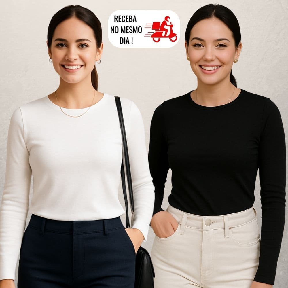 Kit 2 Blusas Manga Longa Feminina Básica Leve Confortável Dia a Dia Outono Inverno