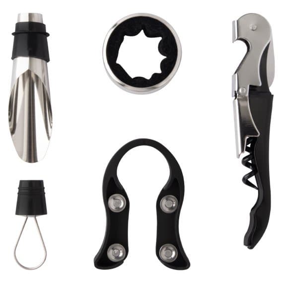 Kit Vinho 5 Peças – Abridor Inox, Cortador, Bico Dosador, Anel Antigotas e Tampa Vedadora
