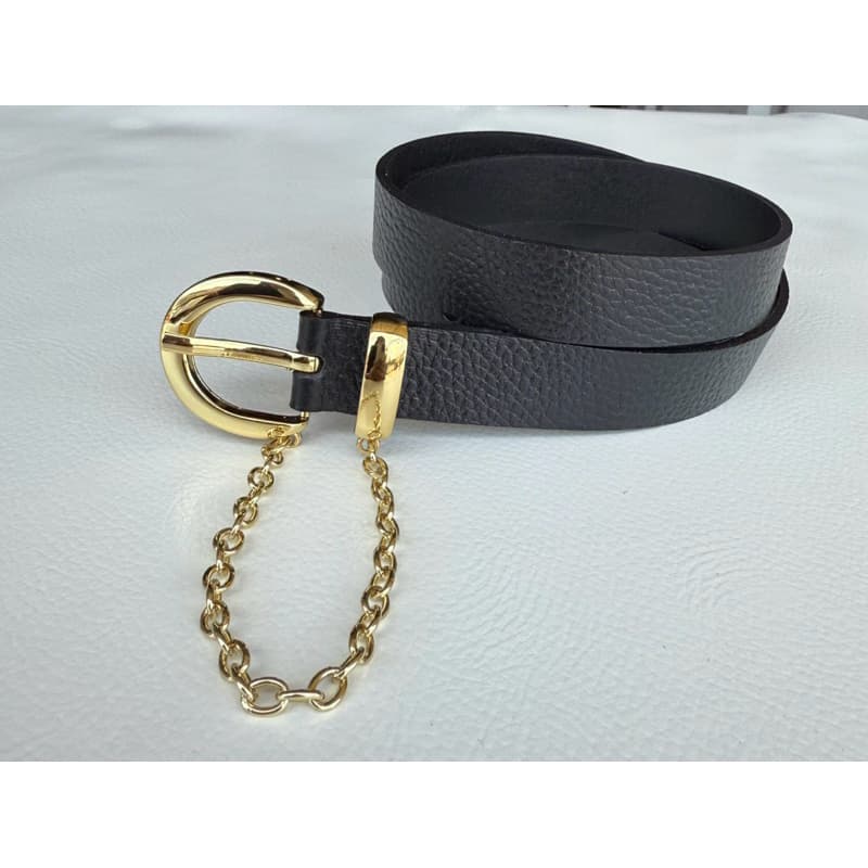 Cinto Feminino em COURO LEGÍTIMO - Correntinha Fivela Dourada 2,5 cm