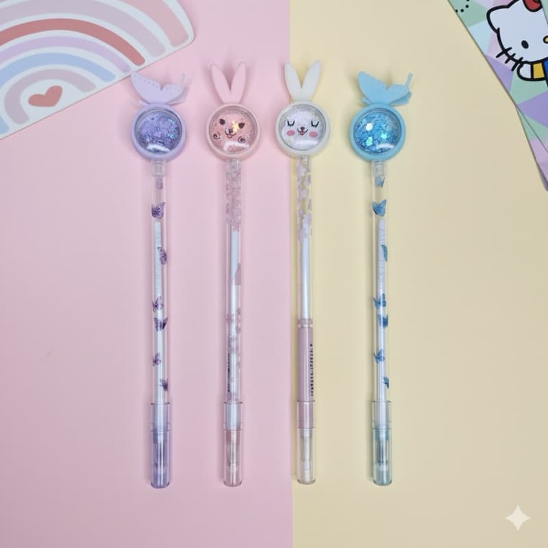 Caneta com Lantejoulas Coelhinho ou Borboleta - Caneta Kawaii - Papelaria Fofa - Caneta Glitter