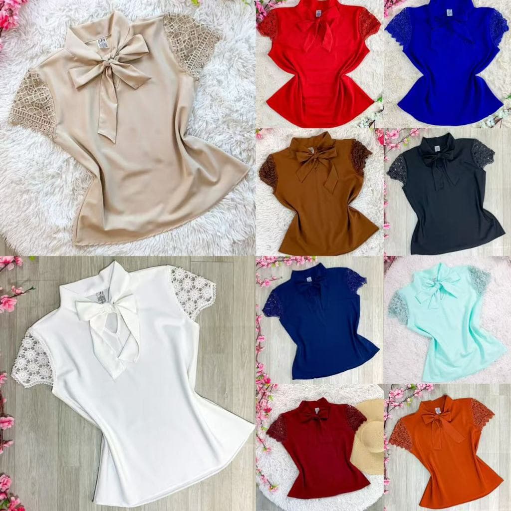 Blusa Com Laço Manga Curta Renda Moda Feminina
