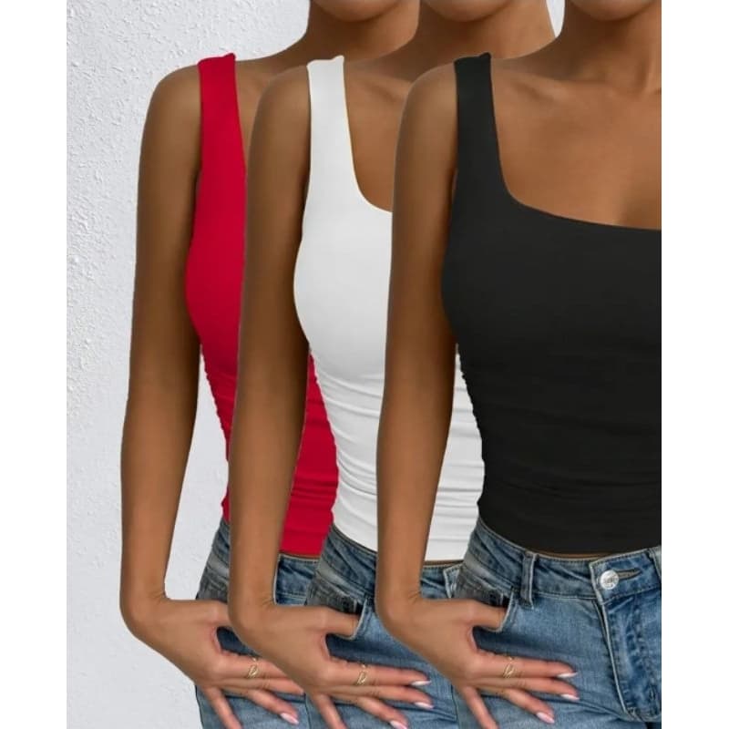 Kit 3 Cropped Feminino Regata Alça Larga Decote Quadrado Suplex 013