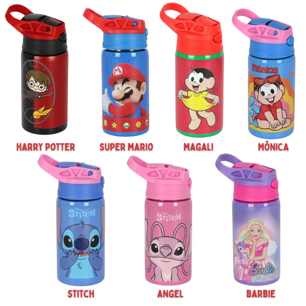 Garrafa Escolar Aço Inox 500ml Suco Água Tampa Antivazamento Personagens Luxcel