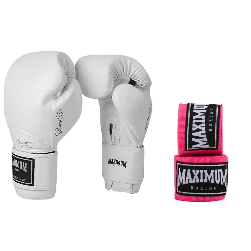 Kit Boxe Maximum – Luva Branca + Bandagem Rosa 3 Metros