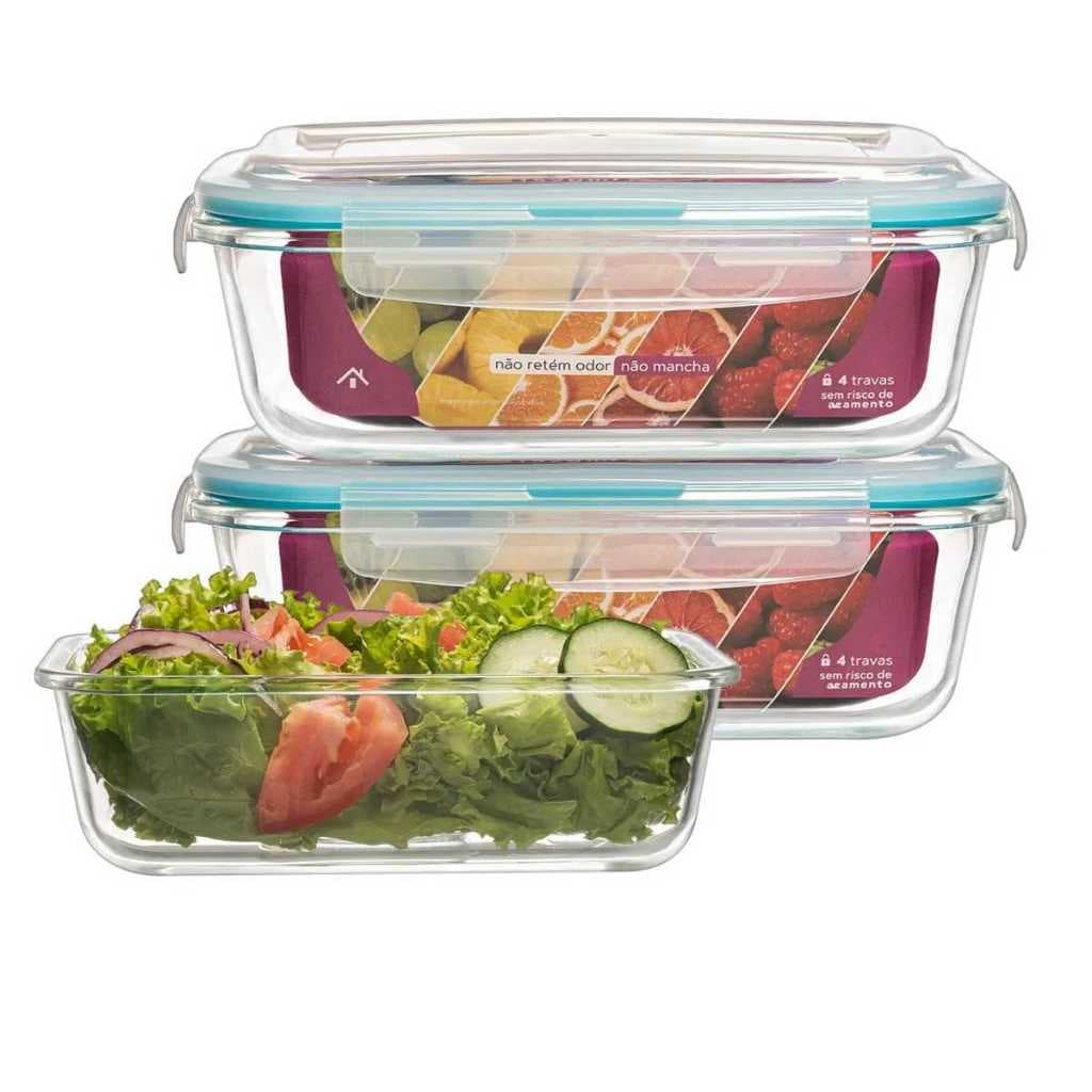 kit Potes De Vidro1040ml Marmita C/Tampa 4 Travas Hermético Retangular Alimentos Micro-ondas Freezer Geladeira