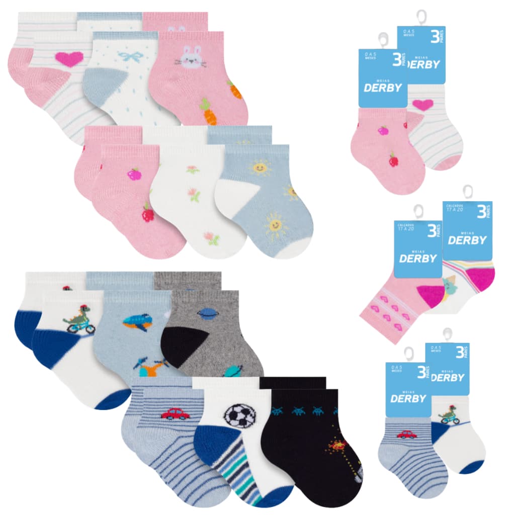 6 Pares Meias Estampadas Infantil Bebê Para Meninos e Meninas Calcanhar Verdadeiro Selene Derby