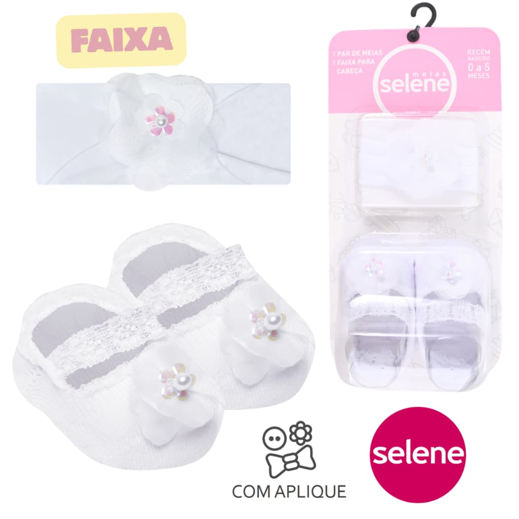 Meia Sapatilha E Faixa Bebê Recém Nascido Selene Batizado Saida Maternidade Enxoval 0 a 5 Meses