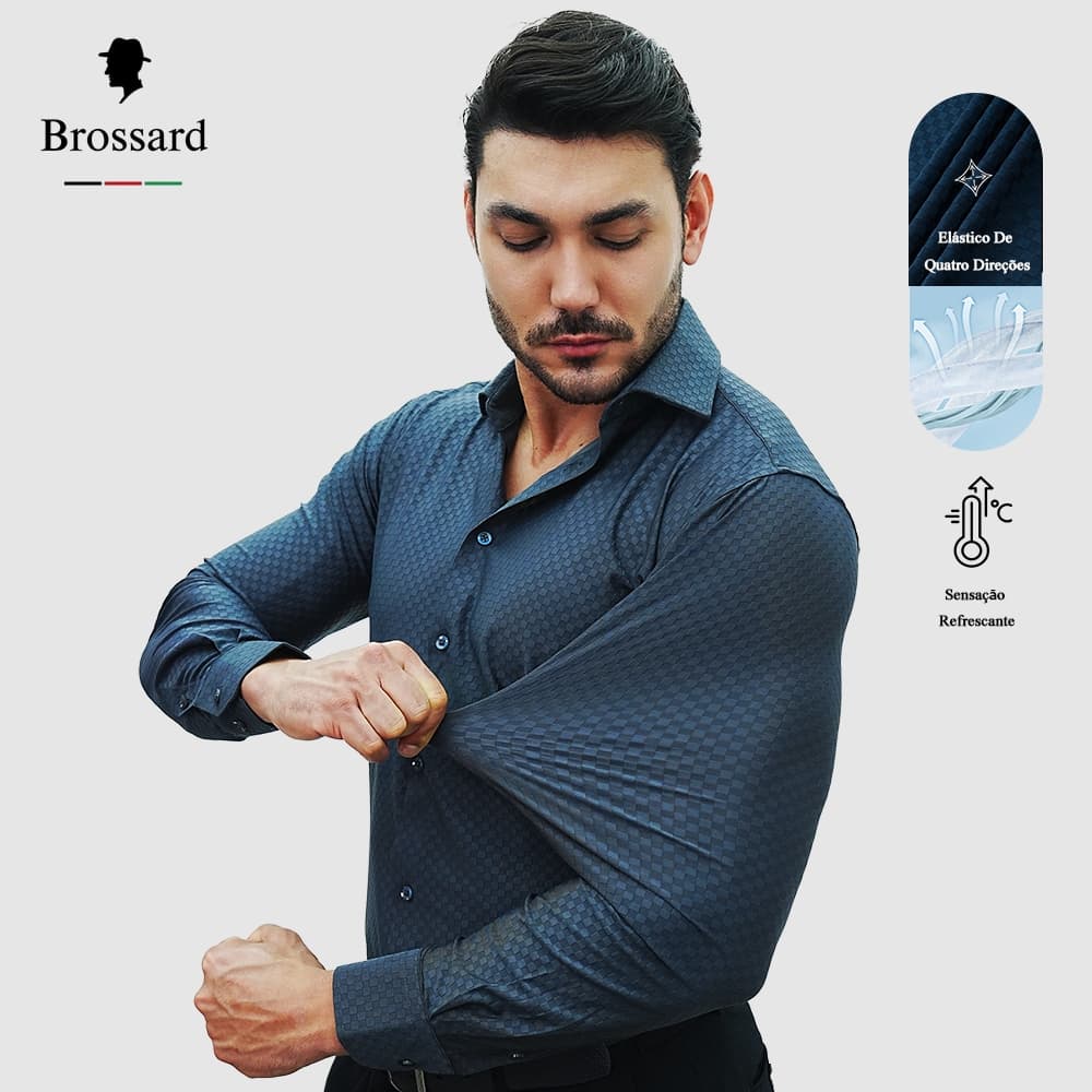 Camisa Social Masculina Slim fit Luxo Não Amassa e Respirável, Tecido Xadrez Malha Moda 18% Elastano