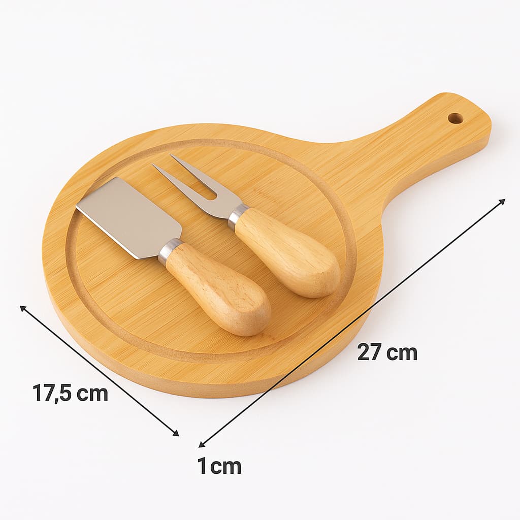 Kit Conjunto Queijo 3 Peças Tábua de Frios Oval em Madeira Bambu e Utensílios Inox Presente