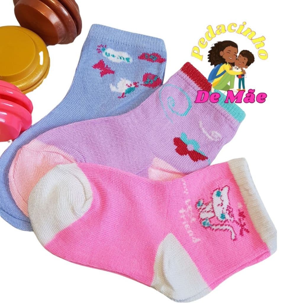 kit 3 Pares de Meia Infantil Menina Feminino Meias de Infantil Algodão Confortavel e Durabilidade