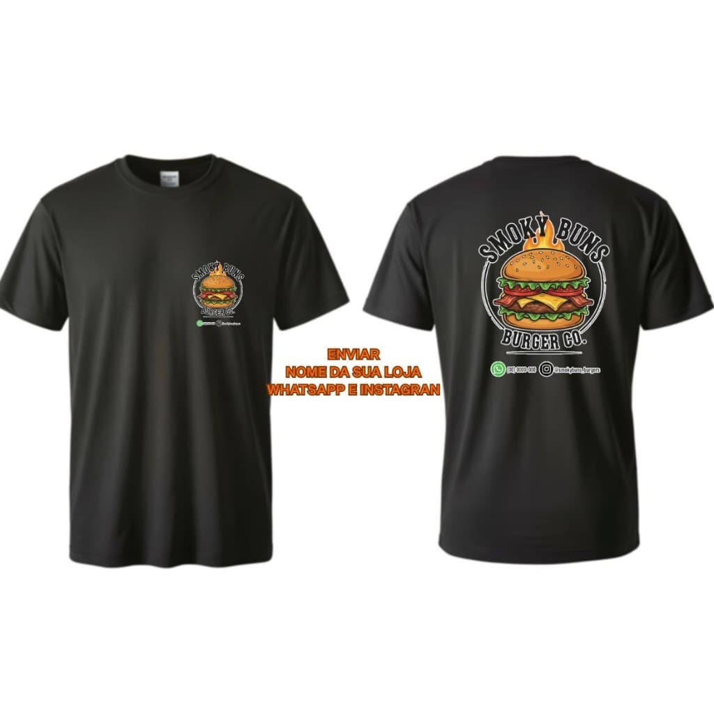 CAMISA PERSONALIZADA HAMBURGUERIA COM NOME DA LOJA WHASTAPP E INSTAGRAN PERSONALIZADO