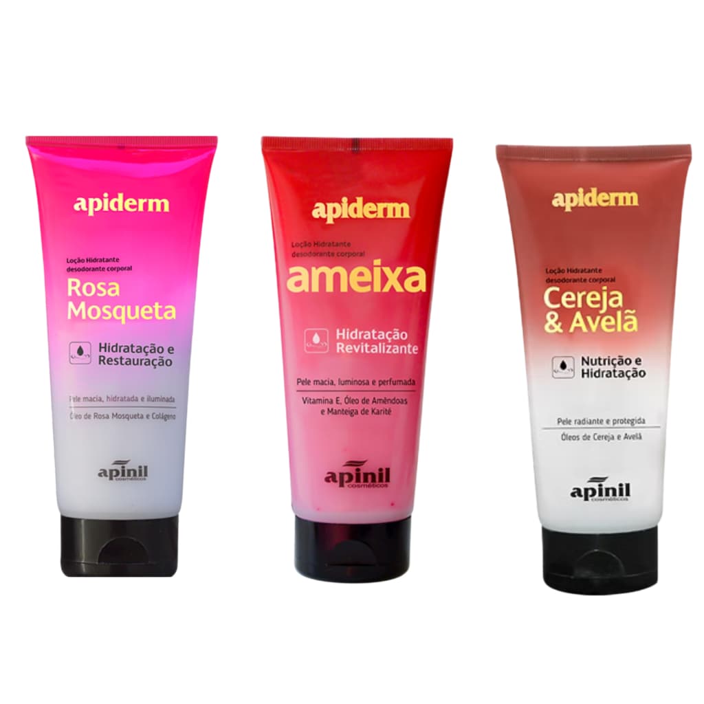 3 LOÇÃO HIDRATANTE BISNAGA 190 GR APINIL COSMETICOS - MORANGO - ORQUIDEA - AMEIXA - BABALOKO - CEREJA - ROSA MOSQUETA