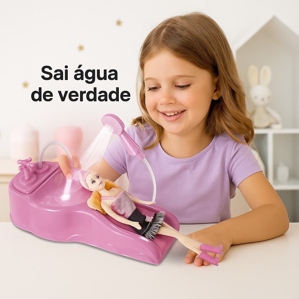 Lavatório Interativo para Boneca com Água – Brinquedo Infantil Rosa, Brinquedo de menina