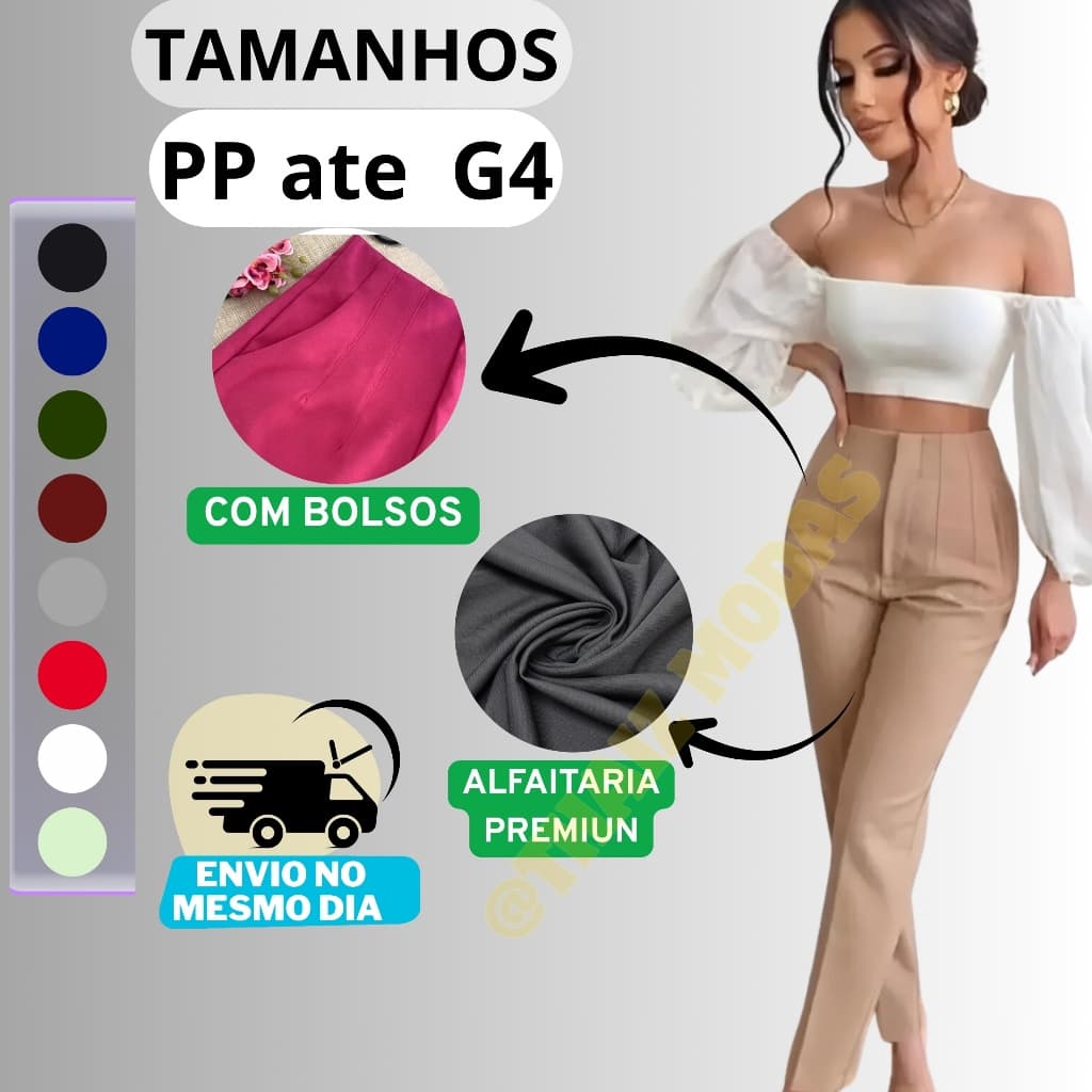 Calça Alfaiataria Cor Preta cintura alta Feminina Com ziper e bolso Social Tamanho PP ate G4