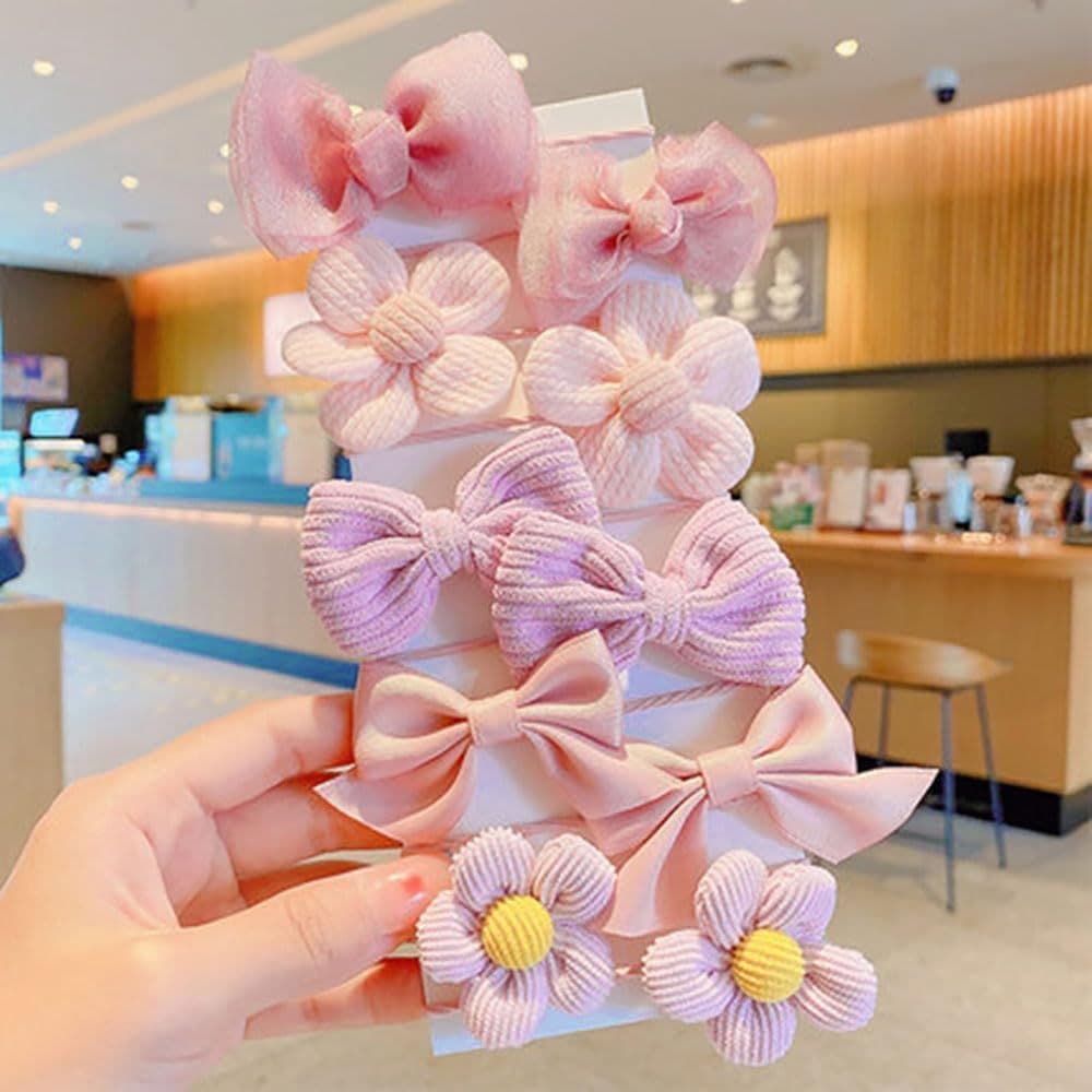 Kit 10 Peças Rosa Laços e Flores para Cabelo Infantil Feminino Elásticos Lacinhos
