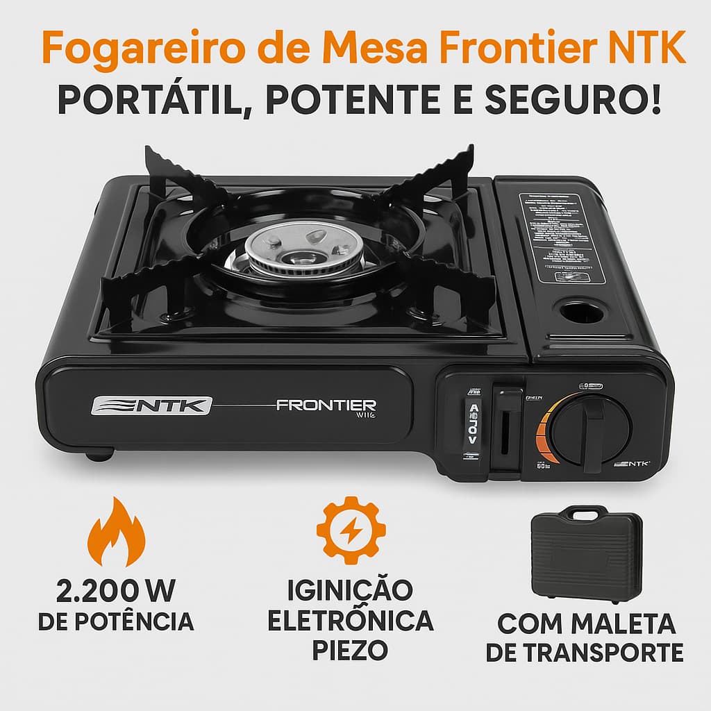 Fogareiro Portátil Mesa Frontier Preto Queimador Alta Pressão Churrasco Camping Viagem