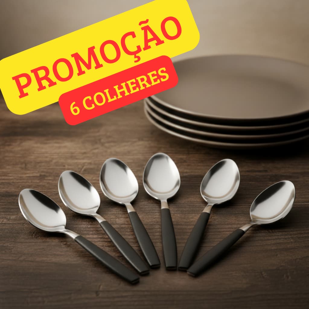 Kit 6 colheres aço inox cabo preto talher restaurante lanchonete colher sopa alta qualidade super promoção barato