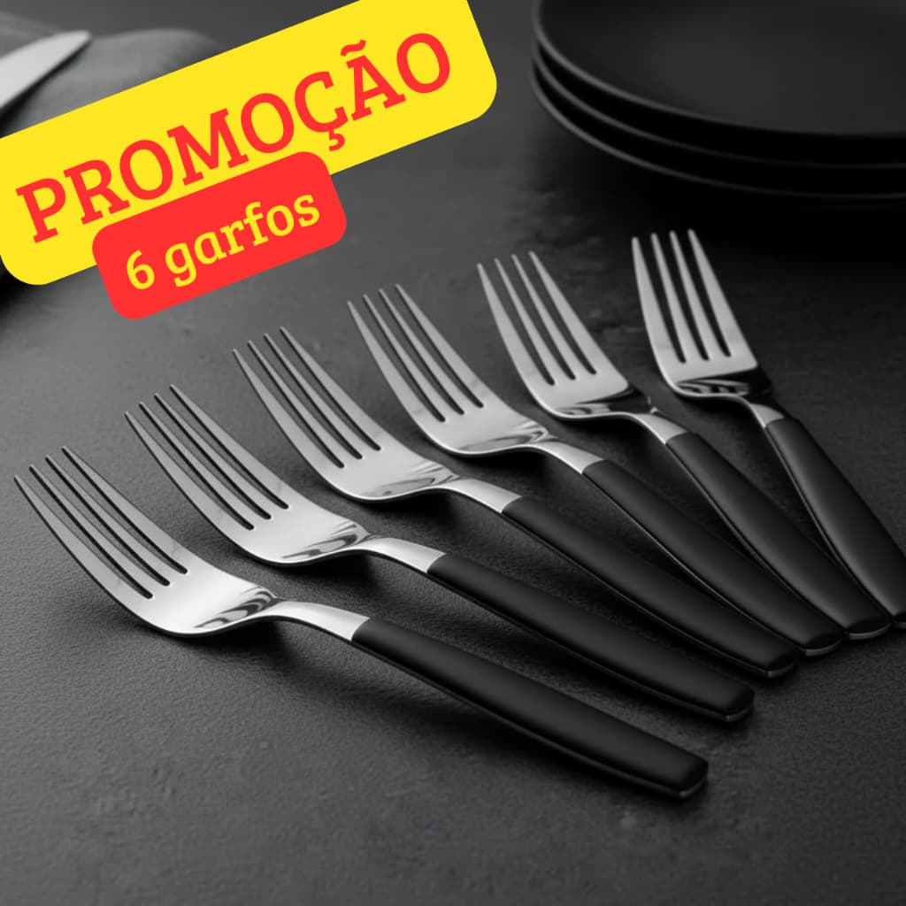 Kit 6 garfos aço inox e cabo preto mesa posta restaurante lanchonete cozinha alta qualidade super promoção barato
