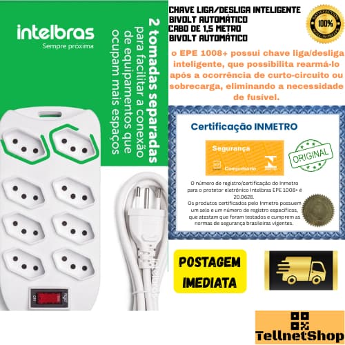 Filtro De Linha Protetor Eletrônico Régua Intelbras 8 Tomadas Cabo de 1,5 Metros Epe 1008+ BR