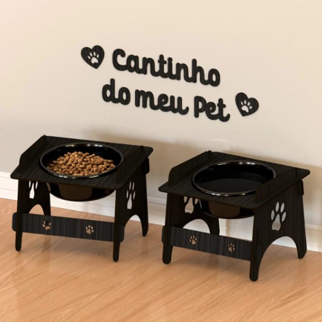 Comedouro Elevado Pet 2 Unidades + Quadra Decorativo Cantinho Do Meu Pet