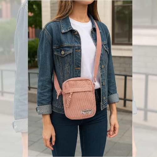 Bolsa Feminina de Ombro e Transversal em Tecido Canelado Veludo com Zíper Bolsa Feminina Crossbody