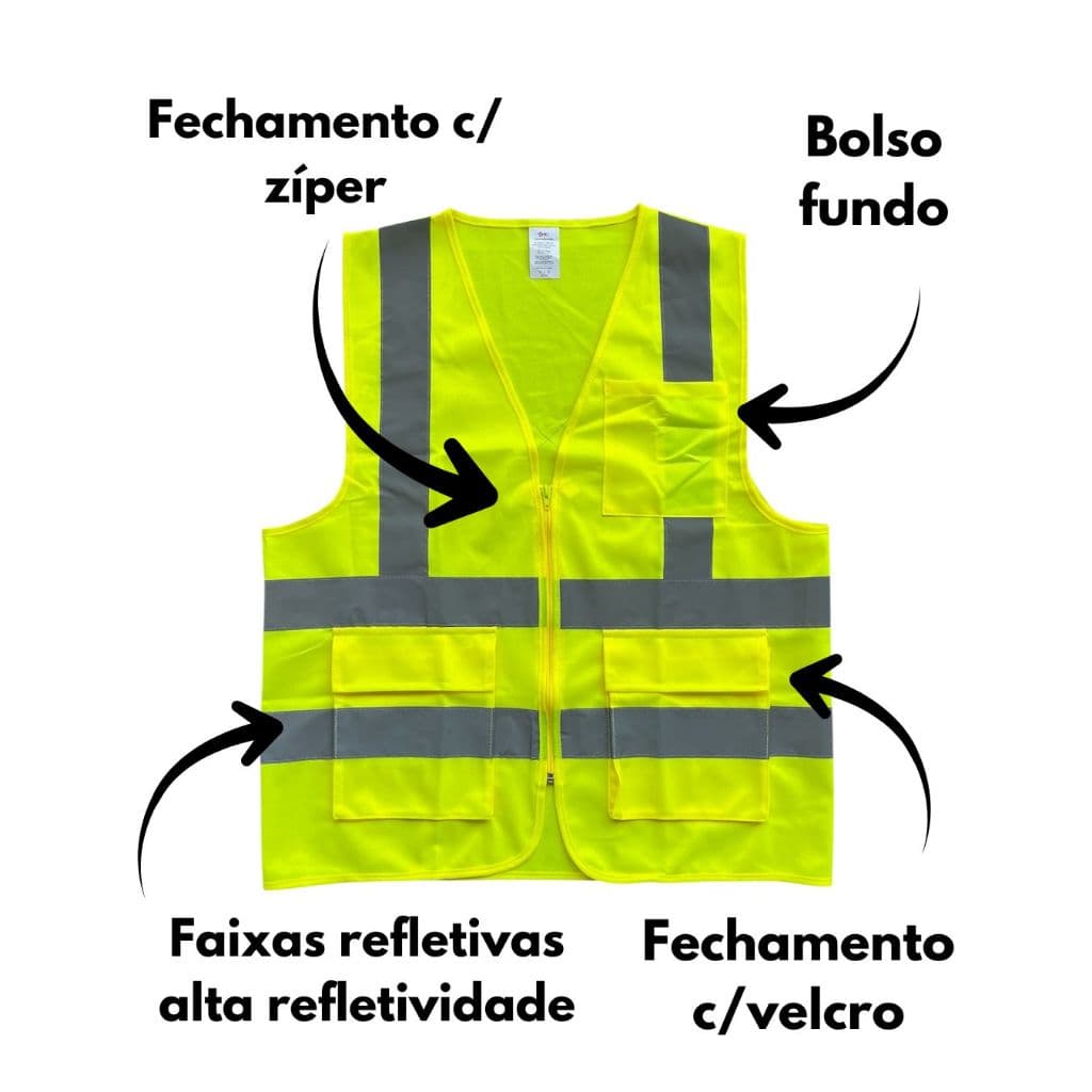 Colete Refletivo Segurança Sinalização Epi Ziper 03 Bolsos 4 Faixas Refletivas ENVIO IMEDIATO