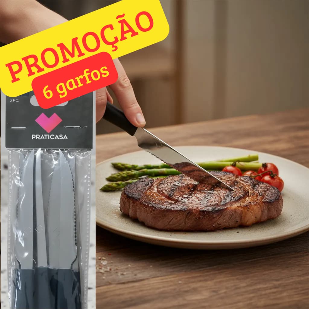 Jogo 6 facas de serra aço inox cabo preto talher restaurante lanchonete cozinha kit qualidade super promoção barato