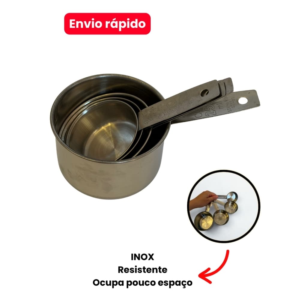 Jogo 4 Xícaras Medidoras Inox Conjunto Cozinha Precisão 60ml 80ml 125ml 250ml