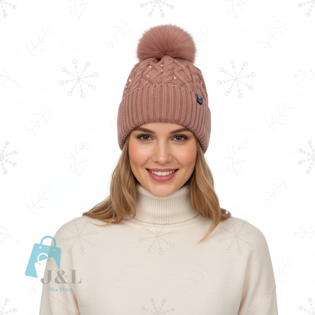 Gorro Feminino Com Pompom Touca de Lã Com Pérolas Ótima para o Frio